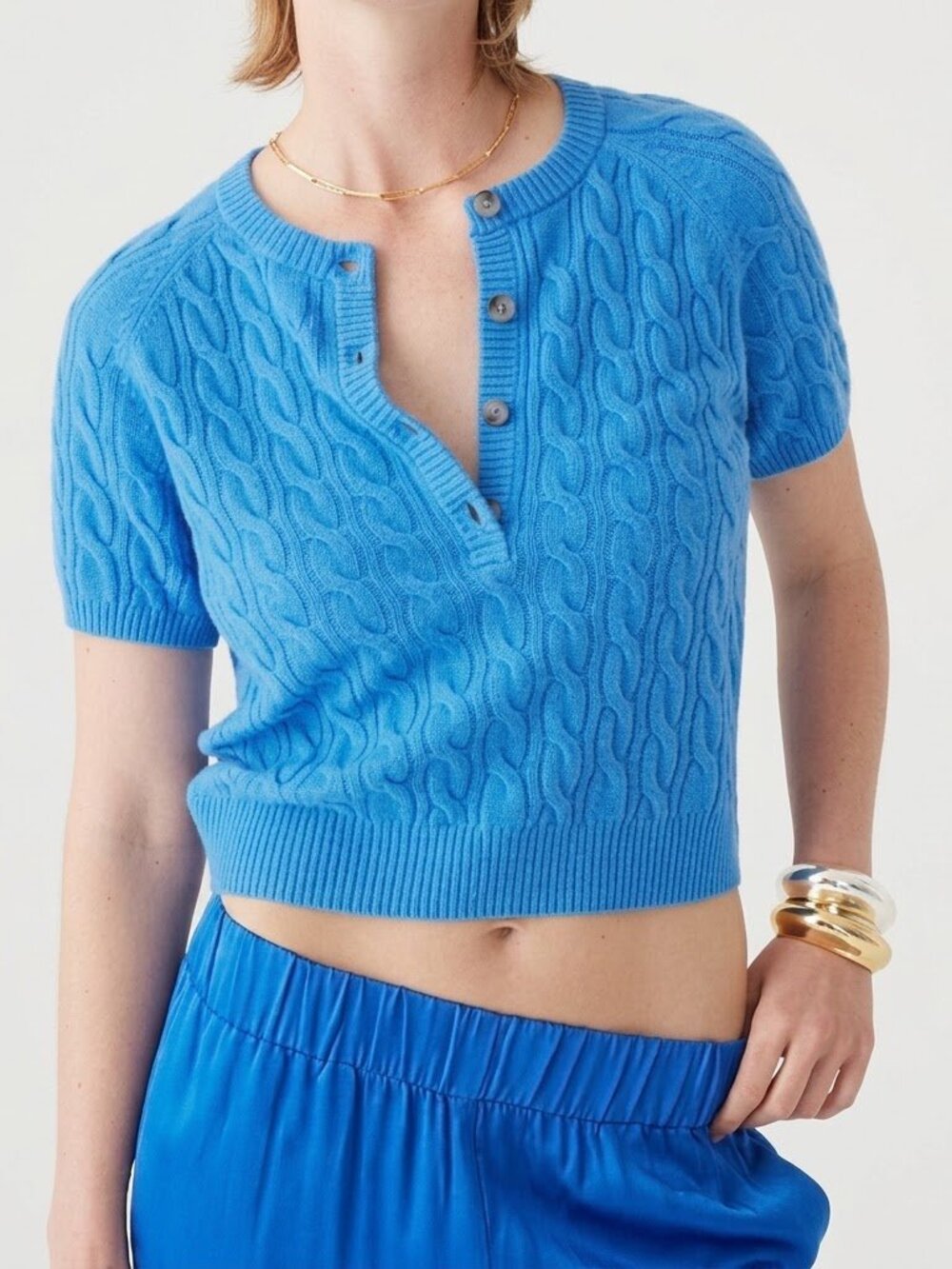 NWT J.Crew Cashmere Cable-knit Henley T-shirt in Sail Blue Sweater S